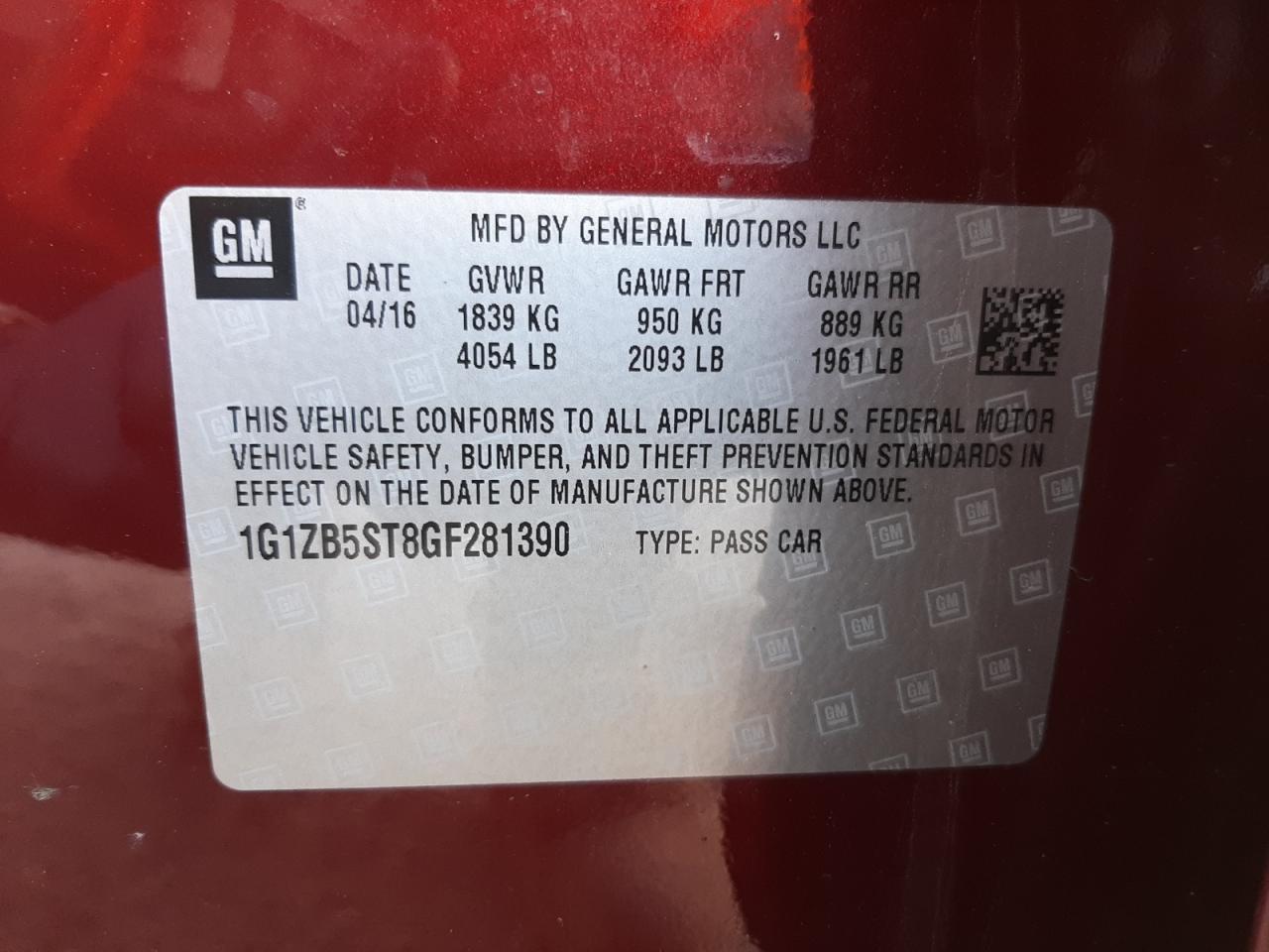 Photo 10 from auction – 2016 CHEVROLET MALIBU LS with VIN 1G1ZB5ST8GF281390