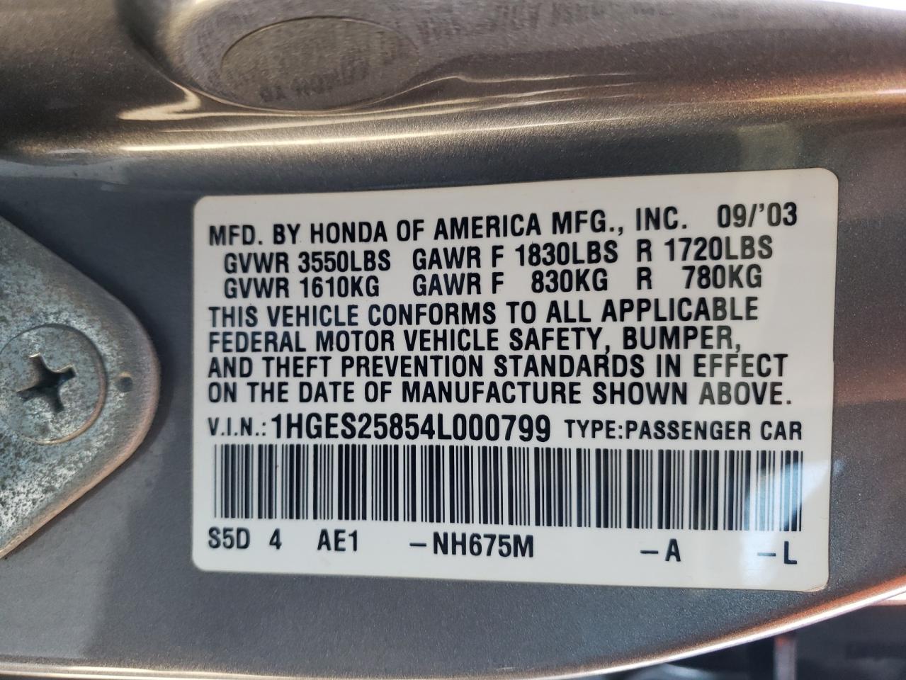 Photo 10 from auction – 2004 HONDA CIVIC EX with VIN 1HGES25854L000799
