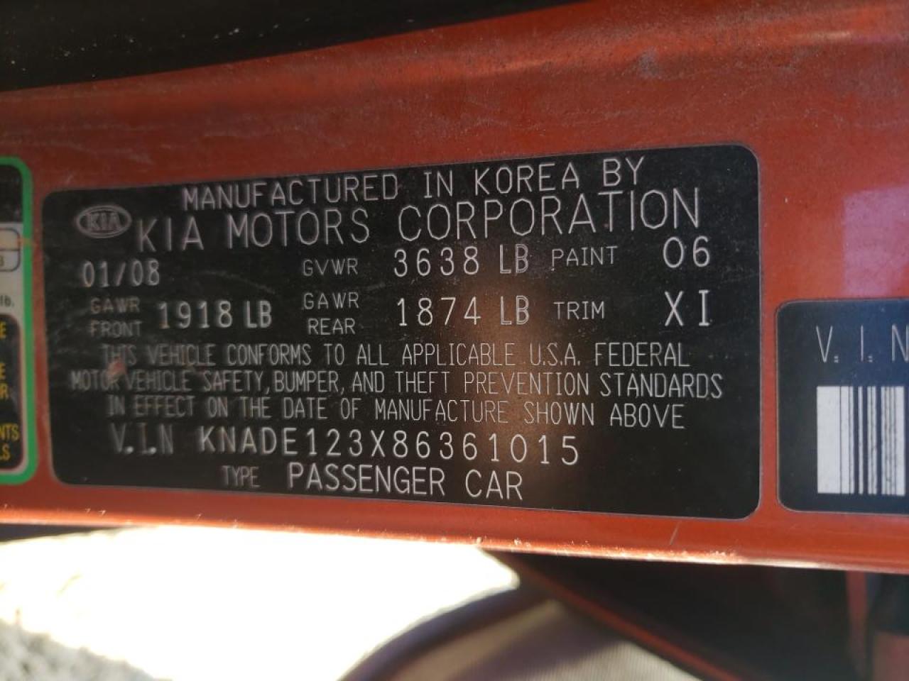 Photo 10 from auction – 2008 KIA RIO BASE with VIN KNADE123X86361015