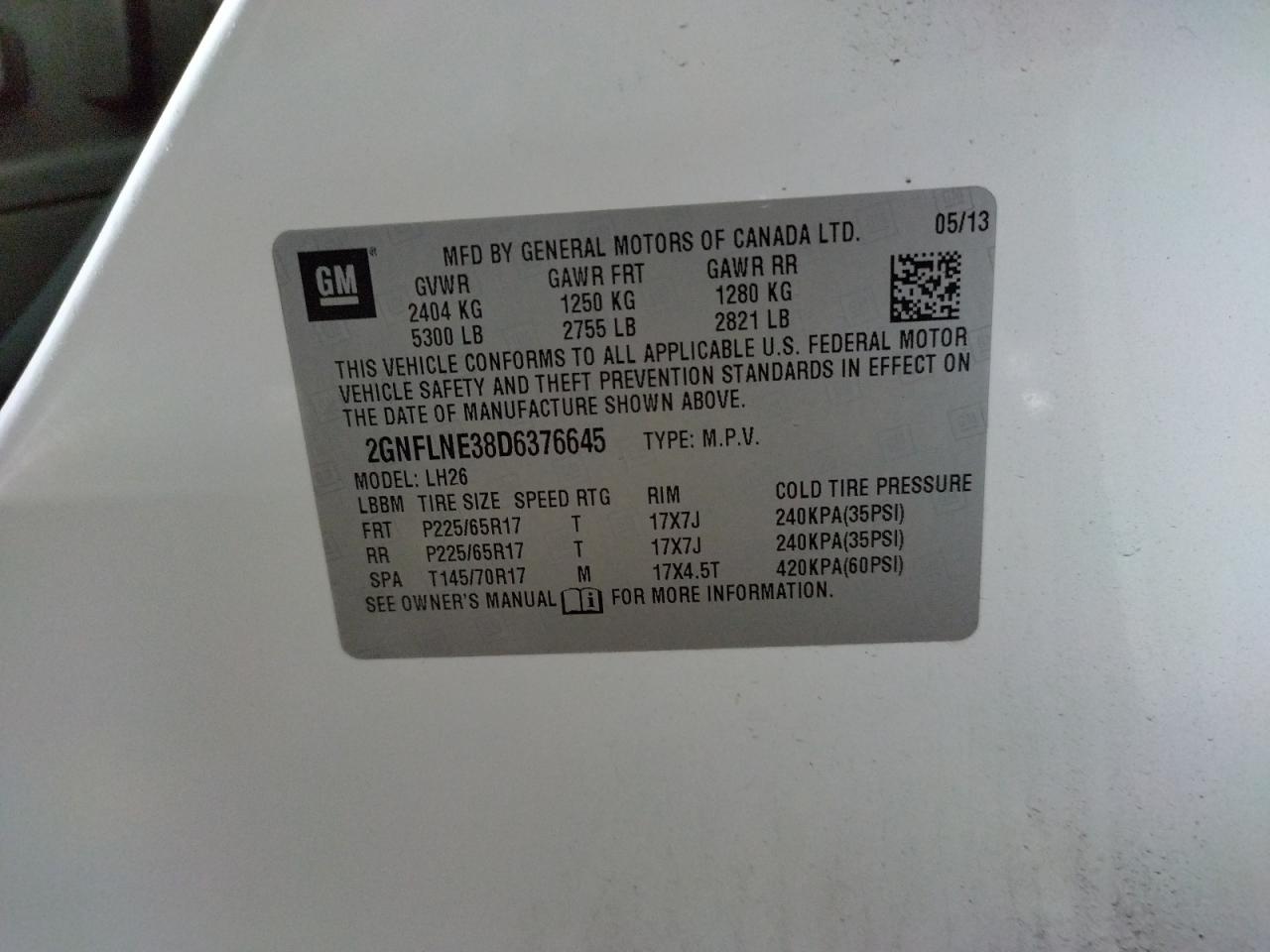 Photo 10 from auction – 2013 CHEVROLET EQUINOX LT with VIN 2GNFLNE38D6376645