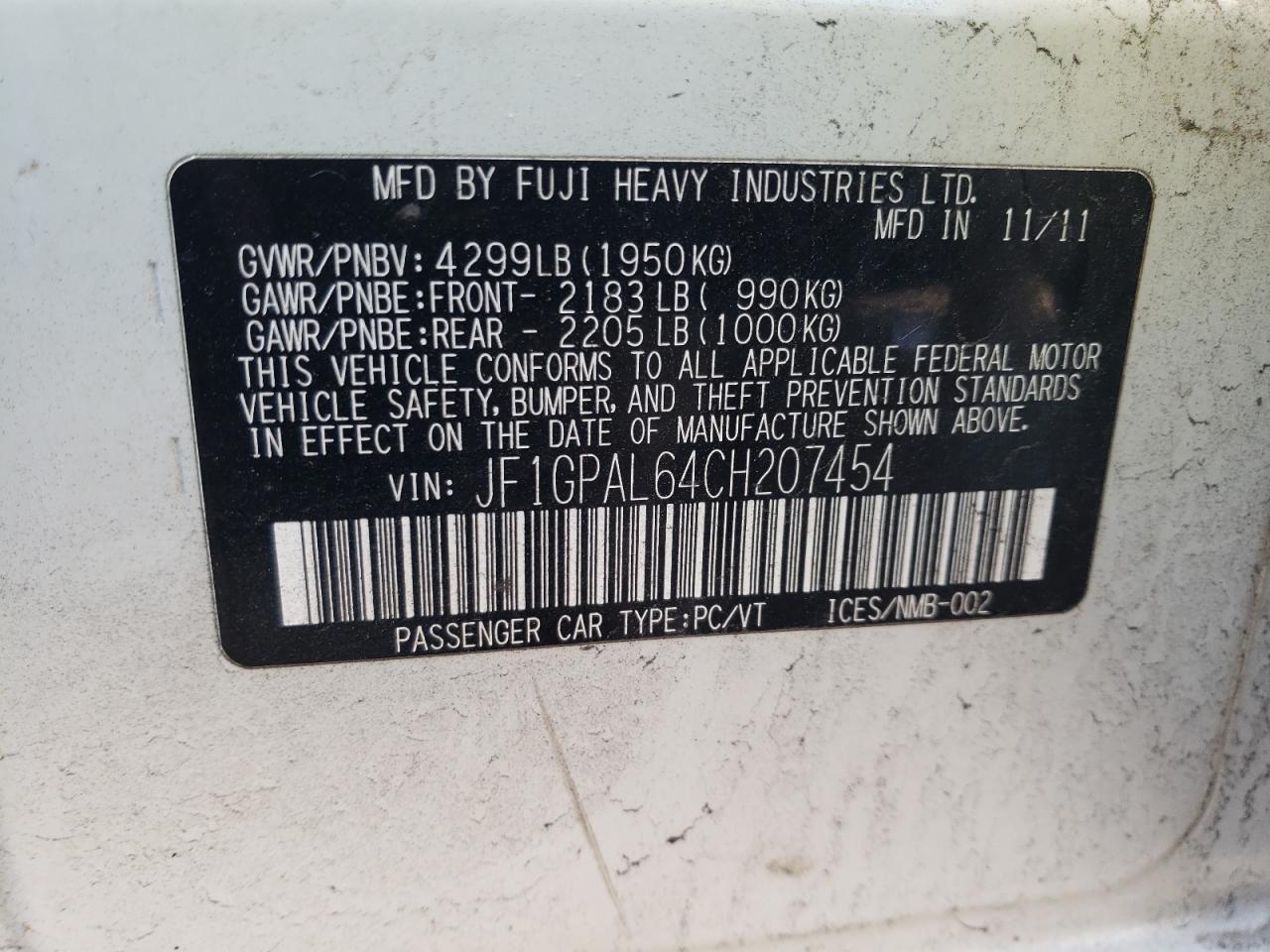Photo 10 from auction – 2012 SUBARU IMPREZA SP with VIN JF1GPAL64CH207454