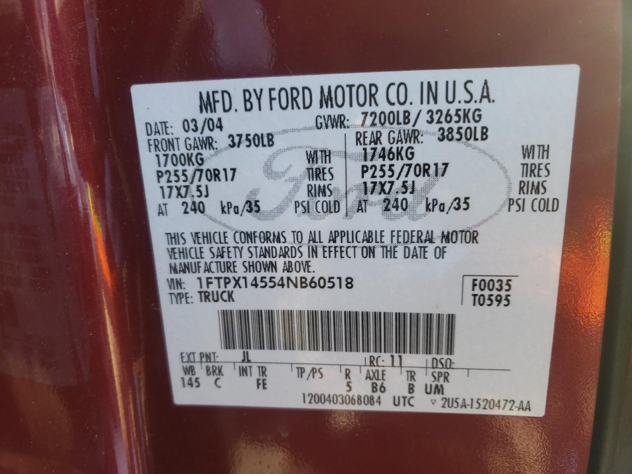 Photo 10 from auction – 2004 FORD F150 with VIN 1FTPX14554NB60518