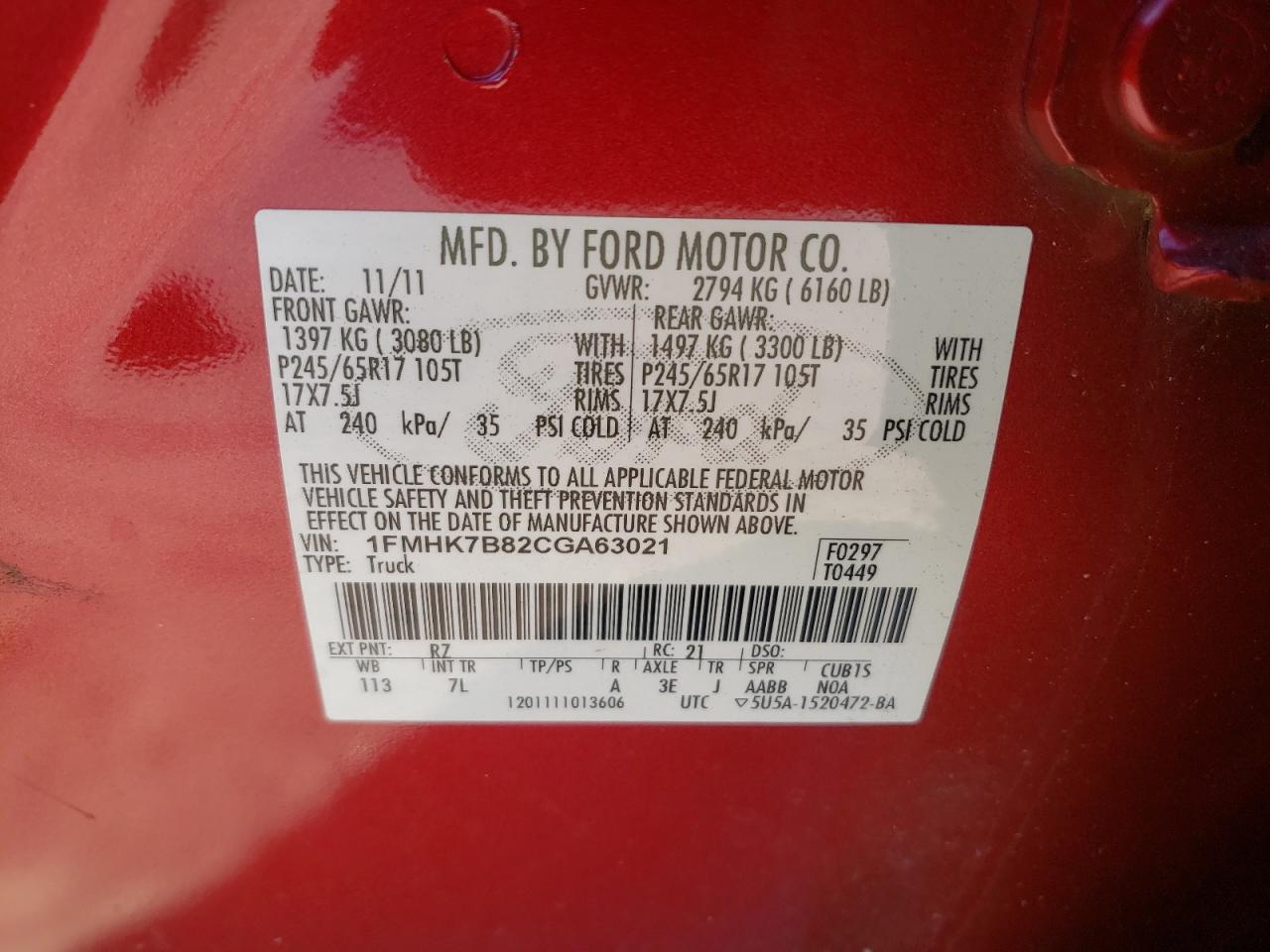 Photo 10 from auction – 2012 FORD EXPLORER with VIN 1FMHK7B82CGA63021