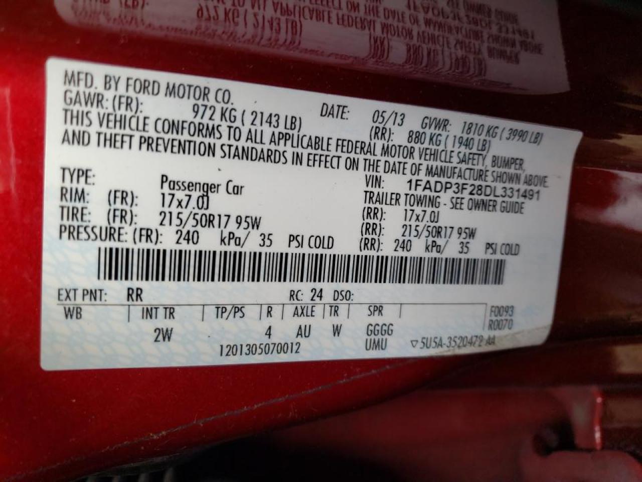 Photo 10 from auction – 2013 FORD FOCUS SE with VIN 1FADP3F28DL331491