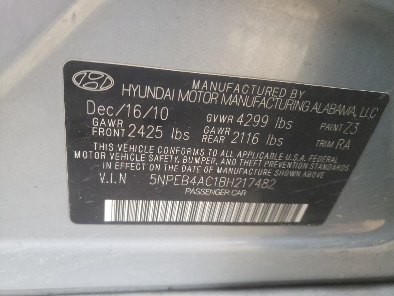Photo 10 from auction – 2011 HYUNDAI SONATA GLS with VIN 5NPEB4AC1BH217482