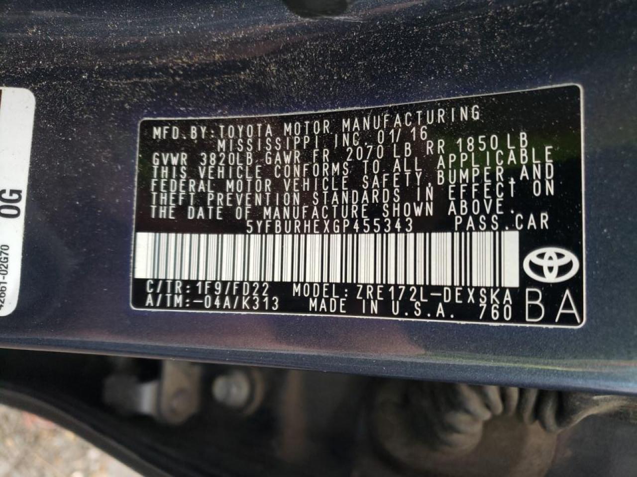 Photo 10 from auction – 2016 TOYOTA COROLLA L with VIN 5YFBURHEXGP455343