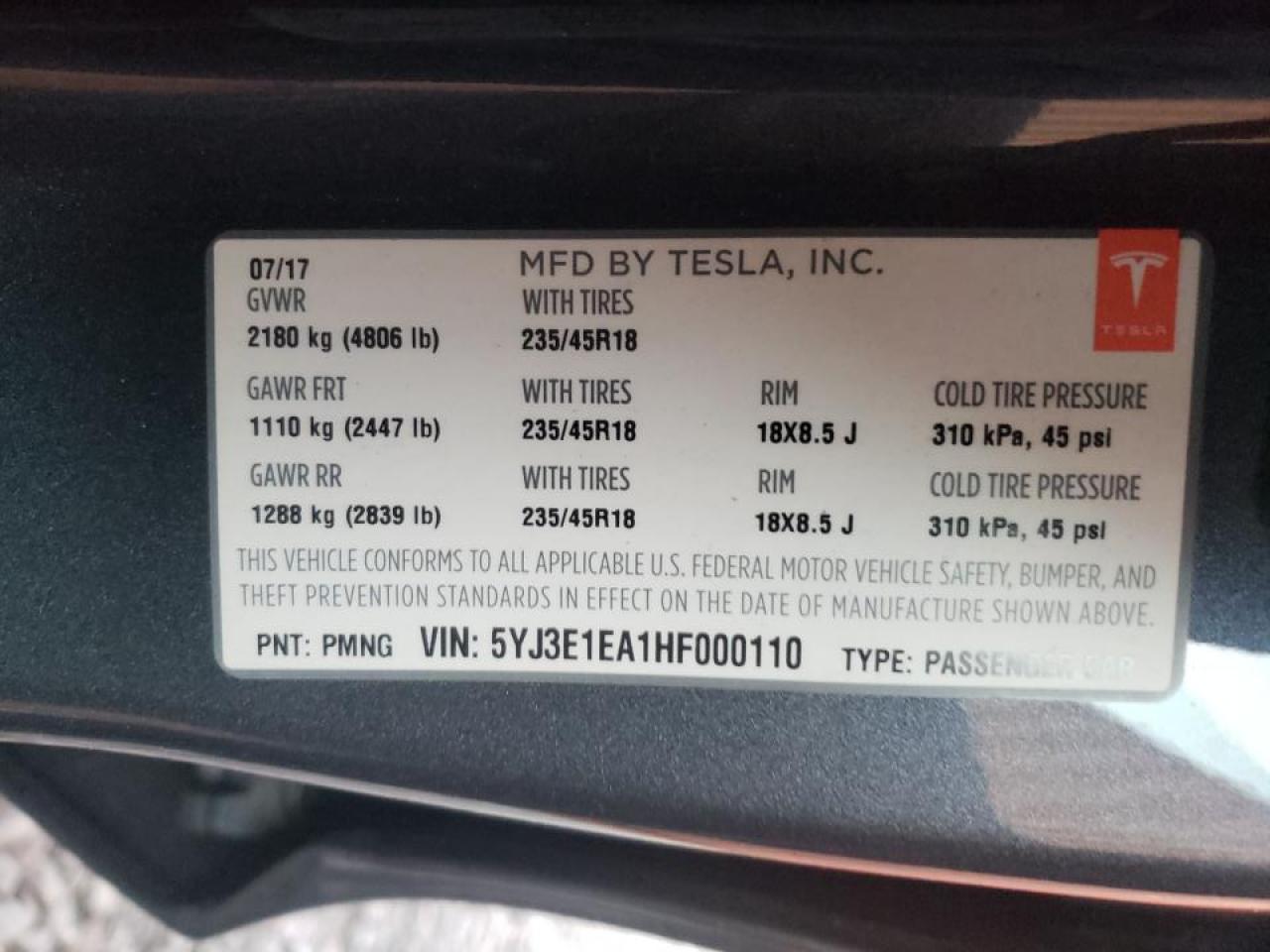 Photo 10 from auction – 2017 TESLA MODEL 3 with VIN 5YJ3E1EA1HF000110