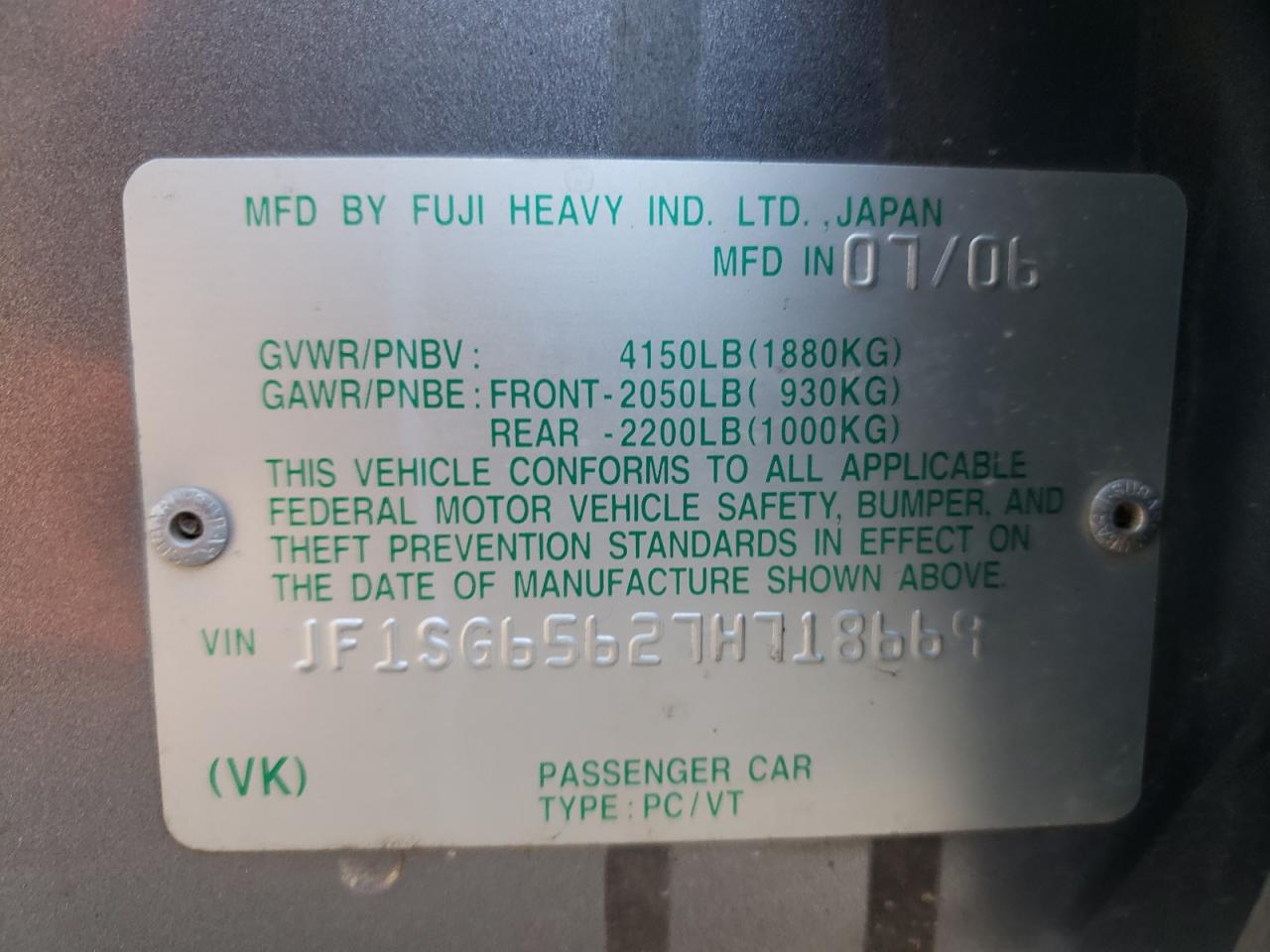 Photo 10 from auction – 2007 SUBARU FORESTER 2 with VIN JF1SG65627H718669