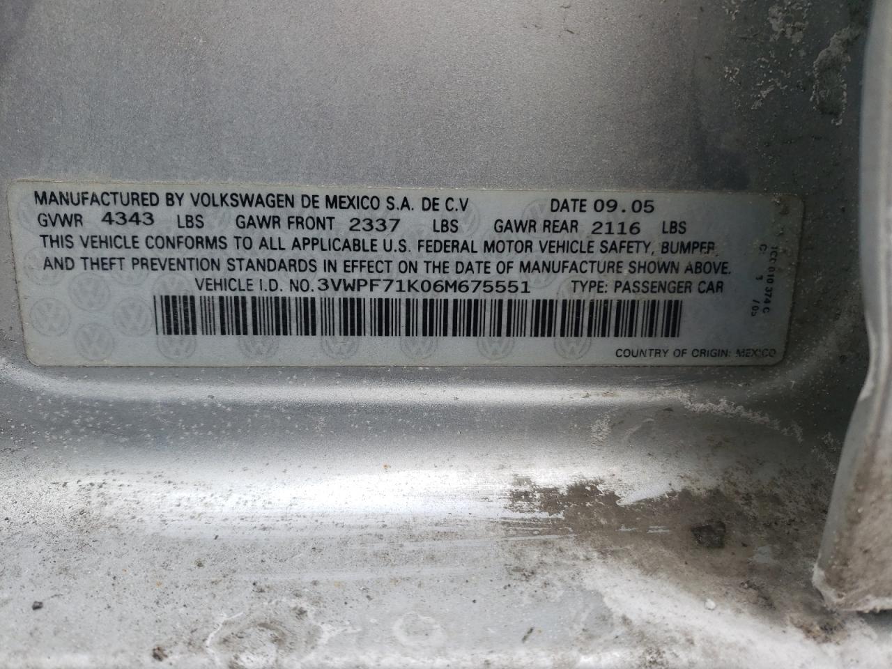 Photo 10 from auction – 2006 VOLKSWAGEN JETTA VALU with VIN 3VWPF71K06M675551