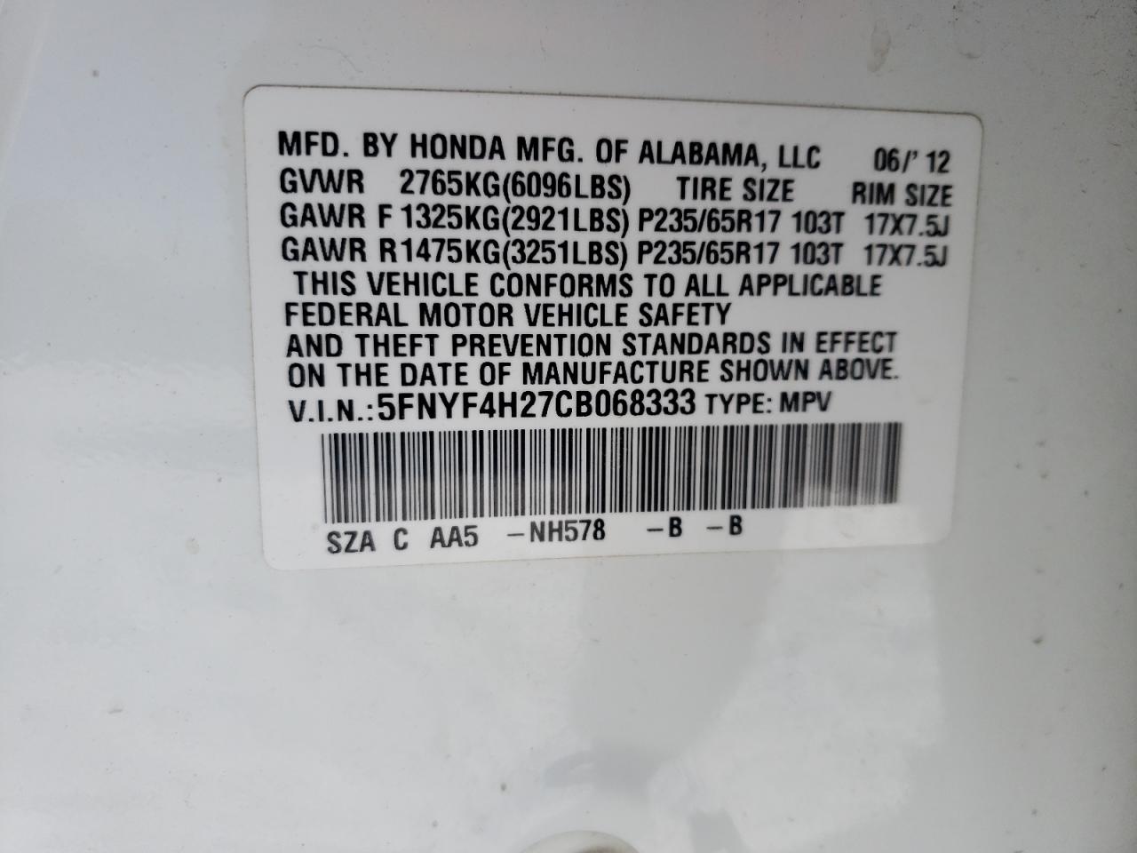 Photo 10 from auction – 2012 HONDA PILOT LX with VIN 5FNYF4H27CB068333