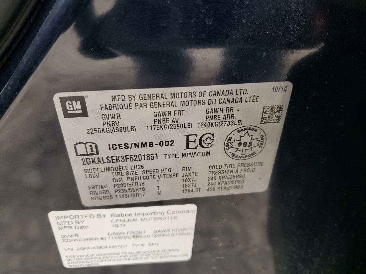 Photo 10 from auction – 2015 GMC TERRAIN SL with VIN 2GKALSEK3F6201851
