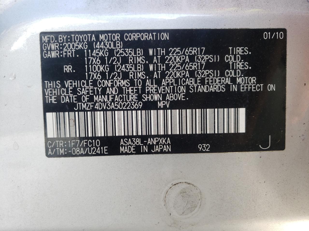 Photo 10 from auction – 2010 TOYOTA RAV4 with VIN JTMZF4DV3A5022369