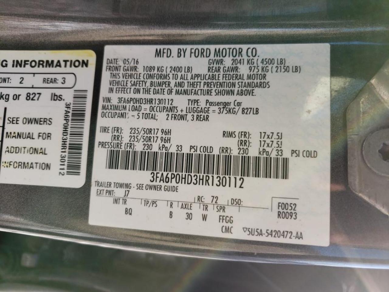 Photo 10 from auction – 2017 FORD FUSION SE with VIN 3FA6P0HD3HR130112