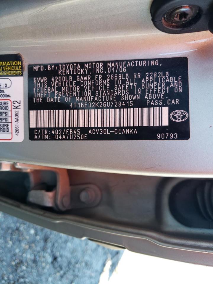 Photo 10 from auction – 2006 TOYOTA CAMRY LE with VIN 4T1BE32K26U729415