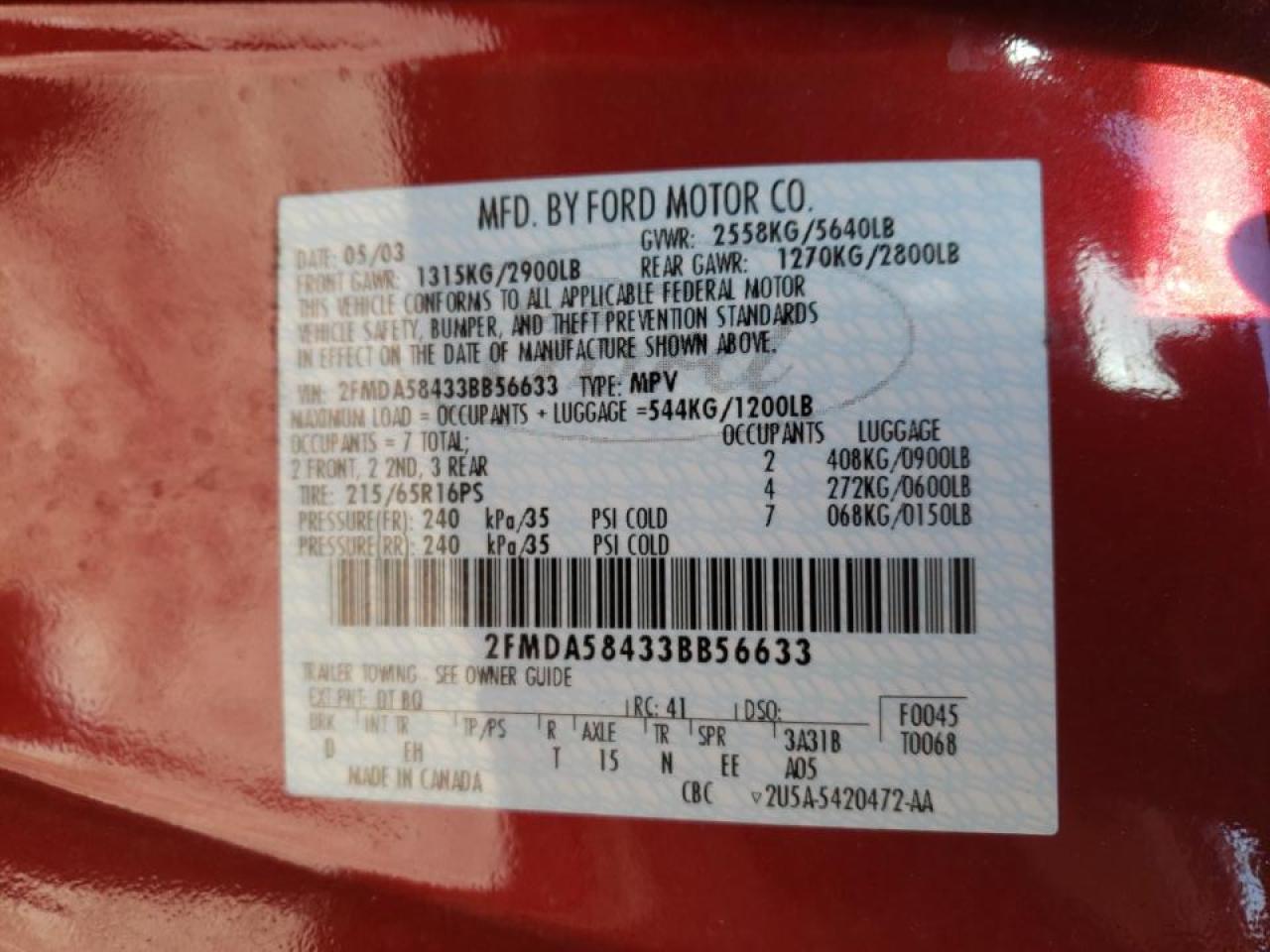 Photo 10 from auction – 2003 FORD WINDSTAR L with VIN 2FMDA58433BB56633