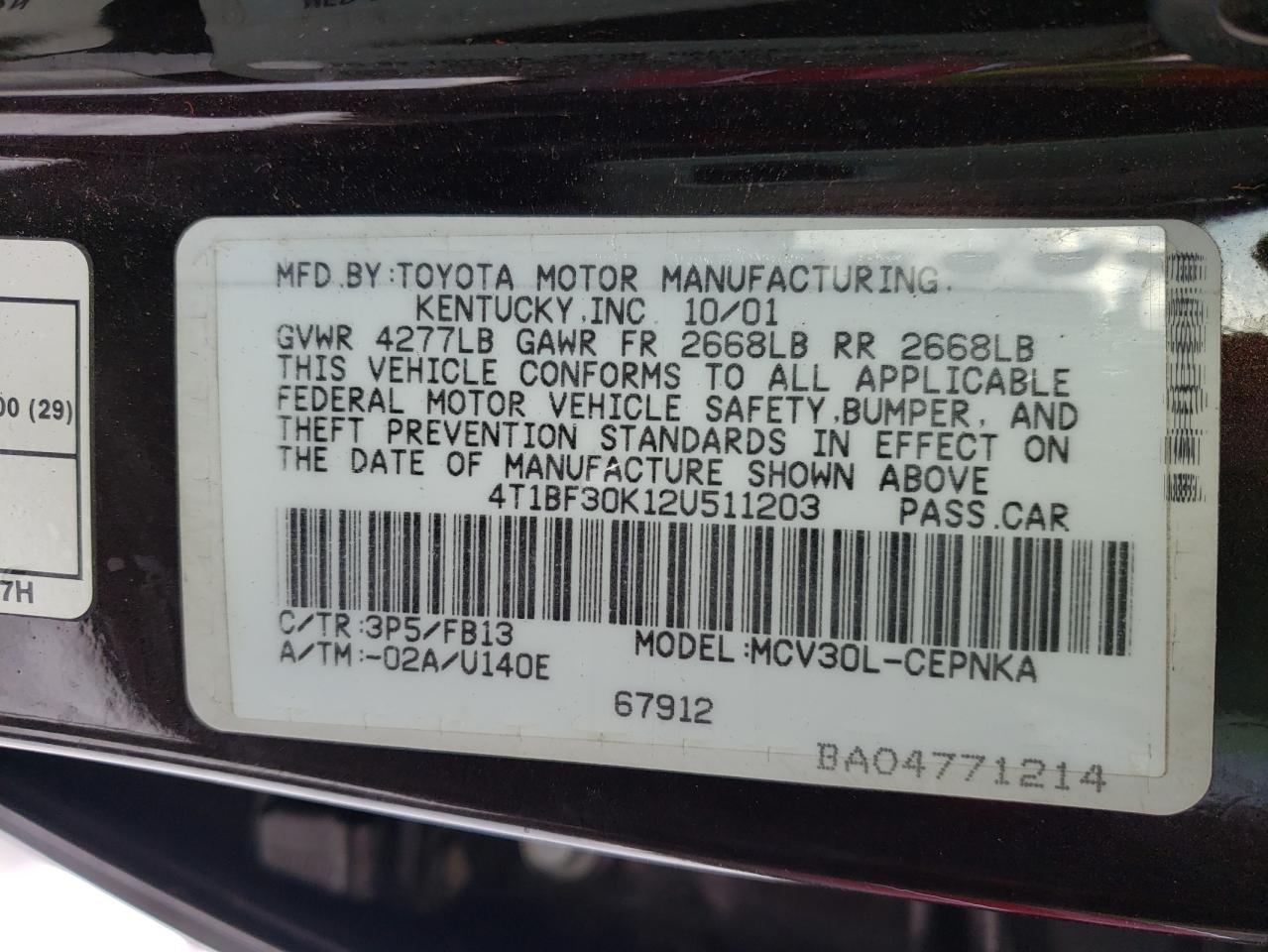 Photo 10 from auction – 2002 TOYOTA CAMRY LE with VIN 4T1BF30K12U511203