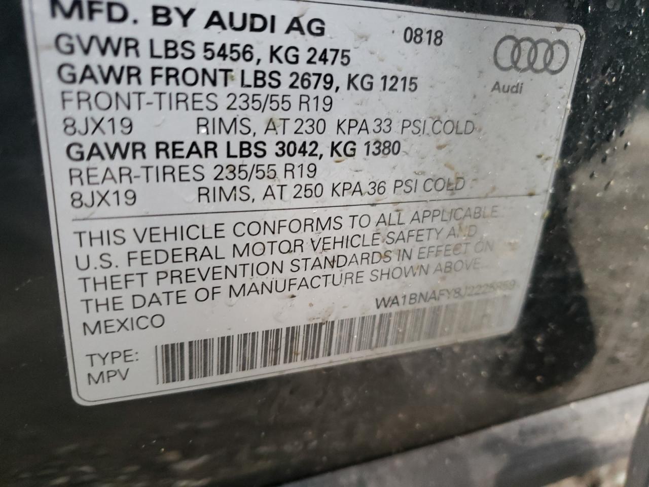 Photo 10 from auction – 2018 AUDI Q5 PREMIUM with VIN WA1BNAFY8J2225859
