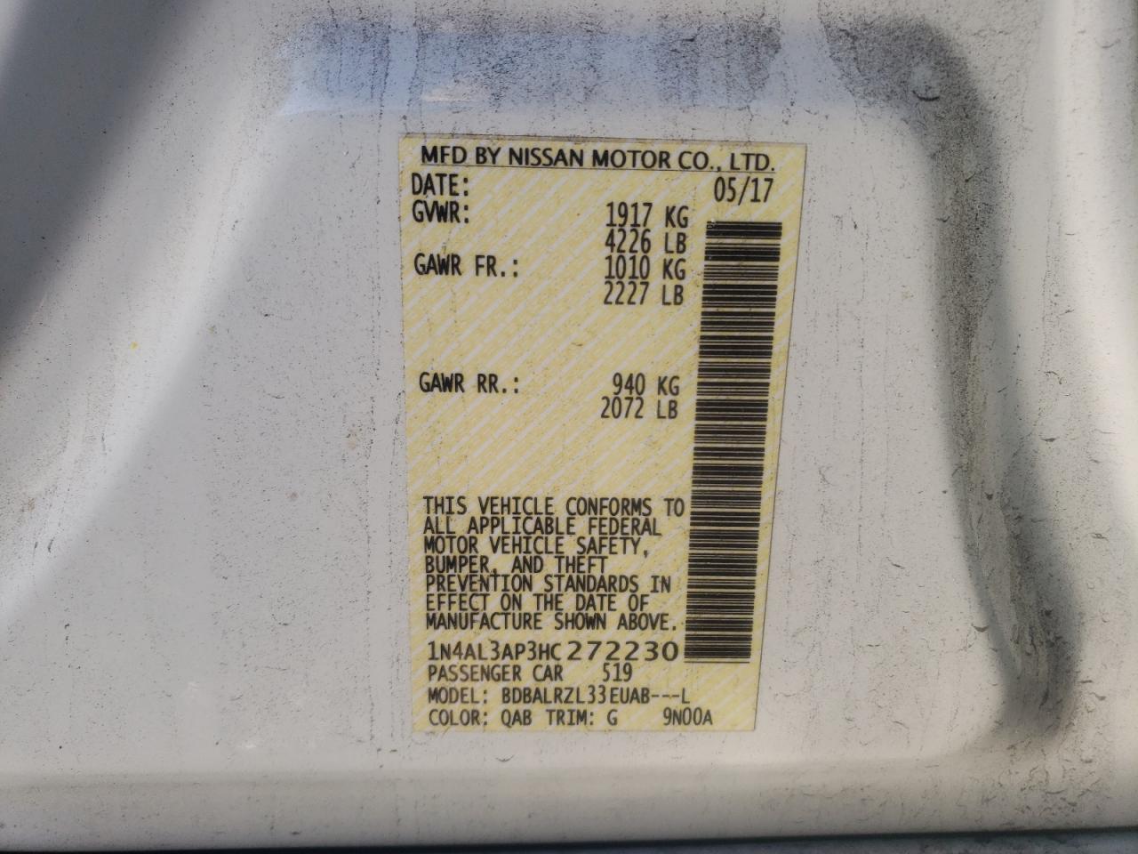 Photo 10 from auction – 2017 NISSAN ALTIMA 2.5 with VIN 1N4AL3AP3HC272230