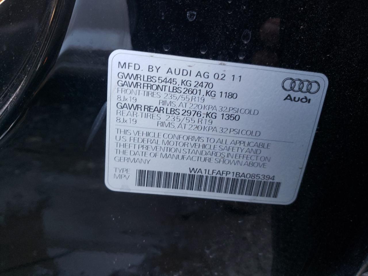 Photo 10 from auction – 2011 AUDI Q5 PREMIUM with VIN WA1LFAFP1BA085394