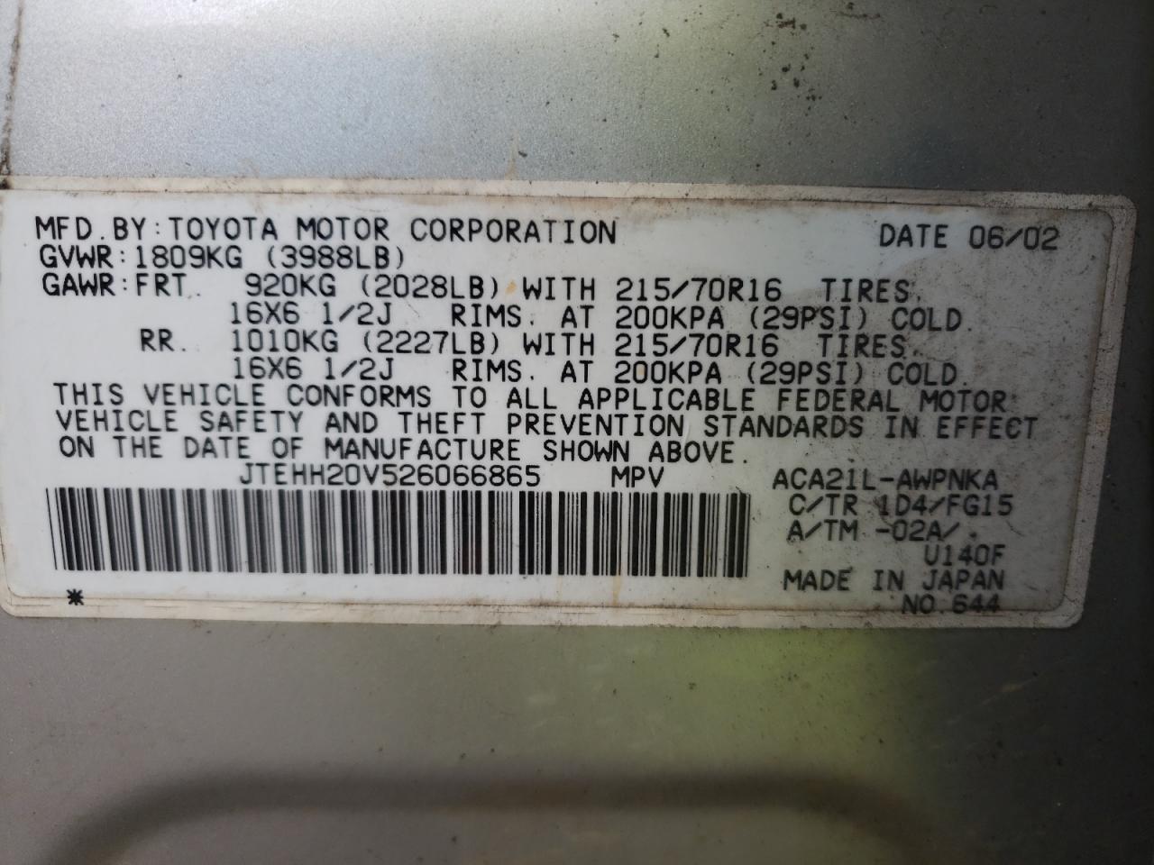Photo 10 from auction – 2002 TOYOTA RAV4 with VIN JTEHH20V526066865