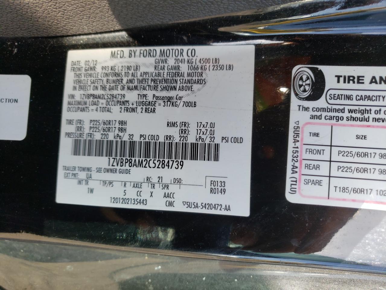 Photo 10 from auction – 2012 FORD MUSTANG with VIN 1ZVBP8AM2C5284739