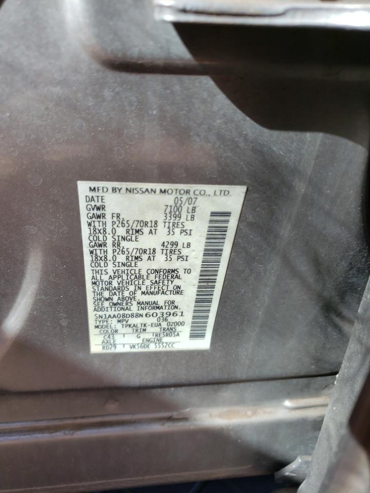 Photo 10 from auction – 2008 NISSAN ARMADA SE with VIN 5N1AA08D88N603961