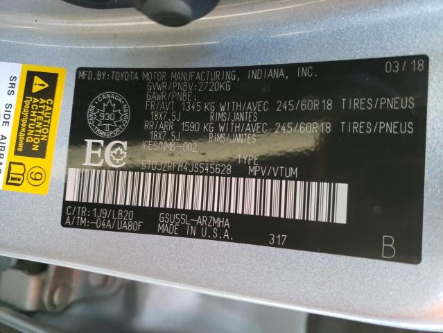 Photo 10 from auction – 2018 TOYOTA HIGHLANDER with VIN 5TDJZRFH4JS545628