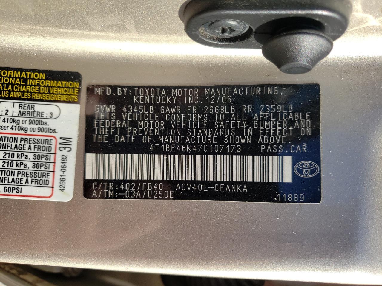 Photo 10 from auction – 2007 TOYOTA CAMRY CE/L with VIN 4T1BE46K47U107173