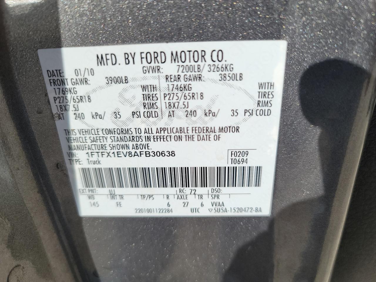 Photo 10 from auction – 2010 FORD F150 SUPER with VIN 1FTFX1EV8AFB30638