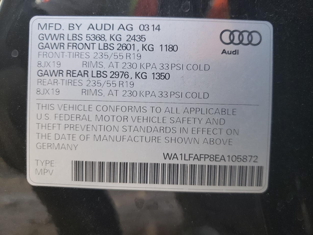 Photo 10 from auction – 2014 AUDI Q5 PREMIUM with VIN WA1LFAFP8EA105872