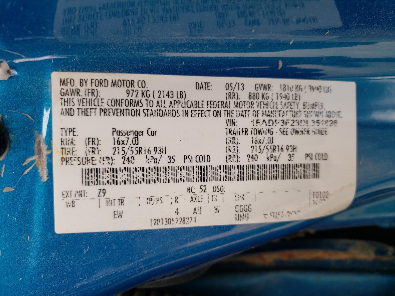 Photo 10 from auction – 2013 FORD FOCUS SE with VIN 1FADP3F23DL351826