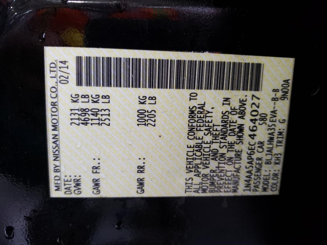 Photo 10 from auction – 2014 NISSAN MAXIMA S with VIN 1N4AA5AP6EC464027
