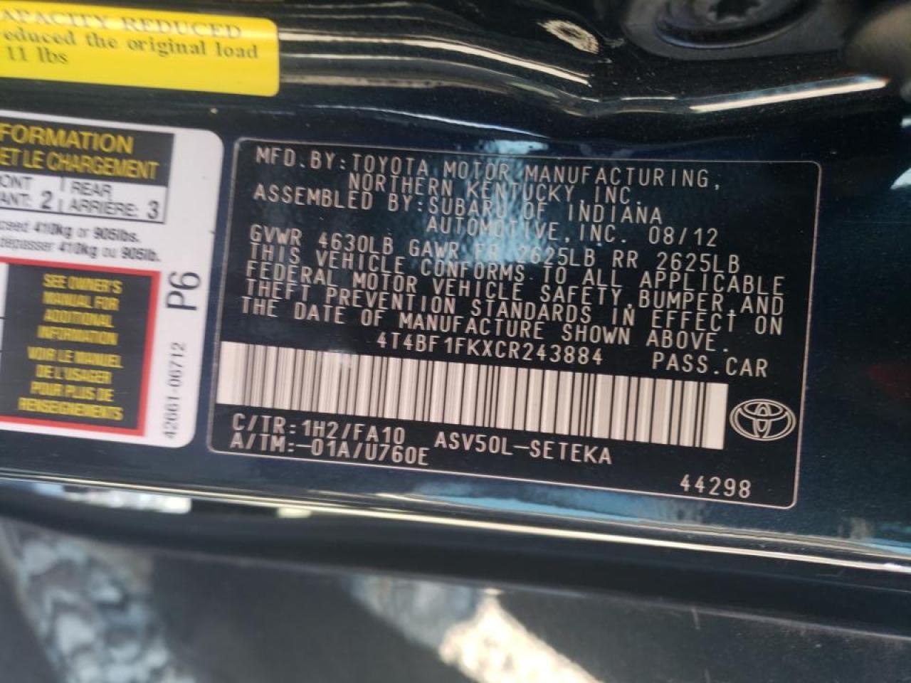 Photo 10 from auction – 2012 TOYOTA CAMRY BASE with VIN 4T4BF1FKXCR243884