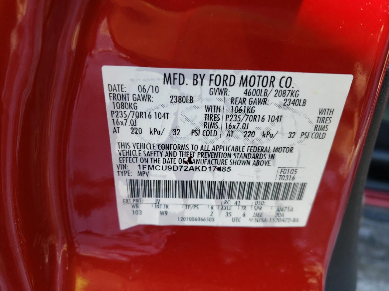 Photo 10 from auction – 2010 FORD ESCAPE XLT with VIN 1FMCU9D72AKD17485