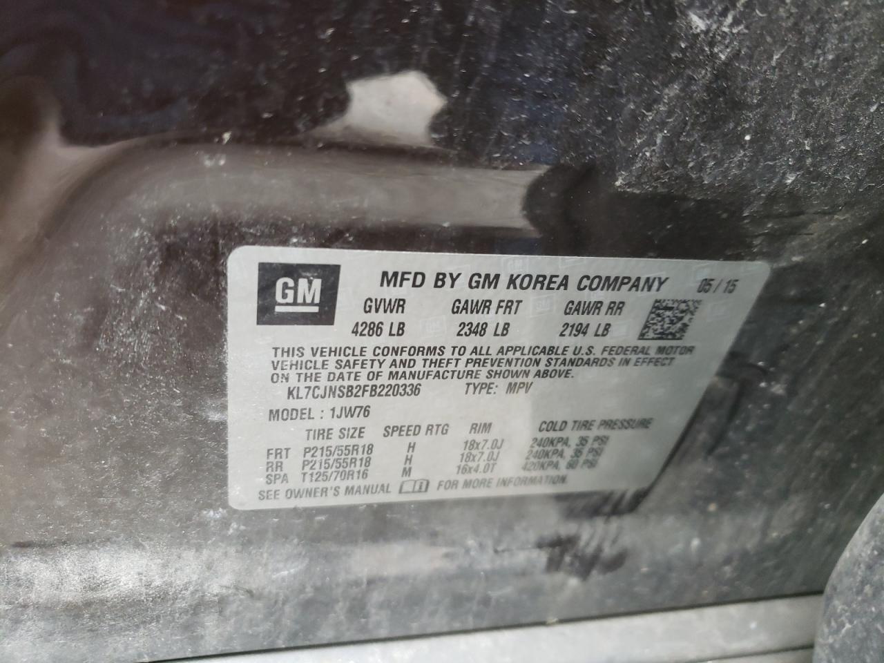 Photo 10 from auction – 2015 CHEVROLET TRAX LTZ with VIN KL7CJNSB2FB220336