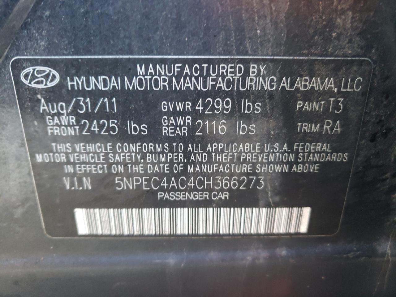 Photo 10 from auction – 2012 HYUNDAI SONATA SE with VIN 5NPEC4AC4CH366273