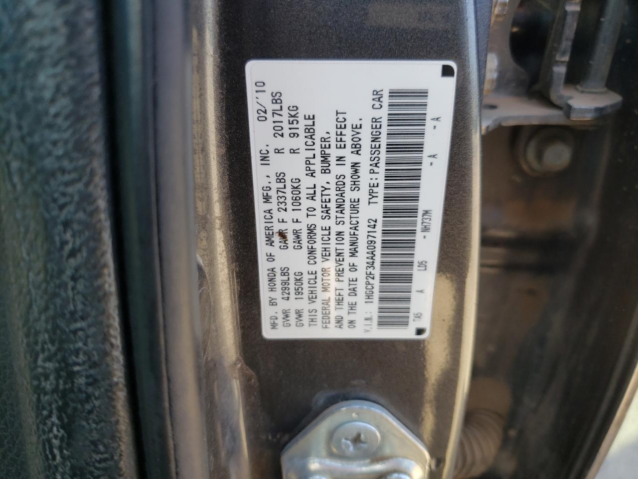 Photo 10 from auction – 2010 HONDA ACCORD LX with VIN 1HGCP2F34AA097142