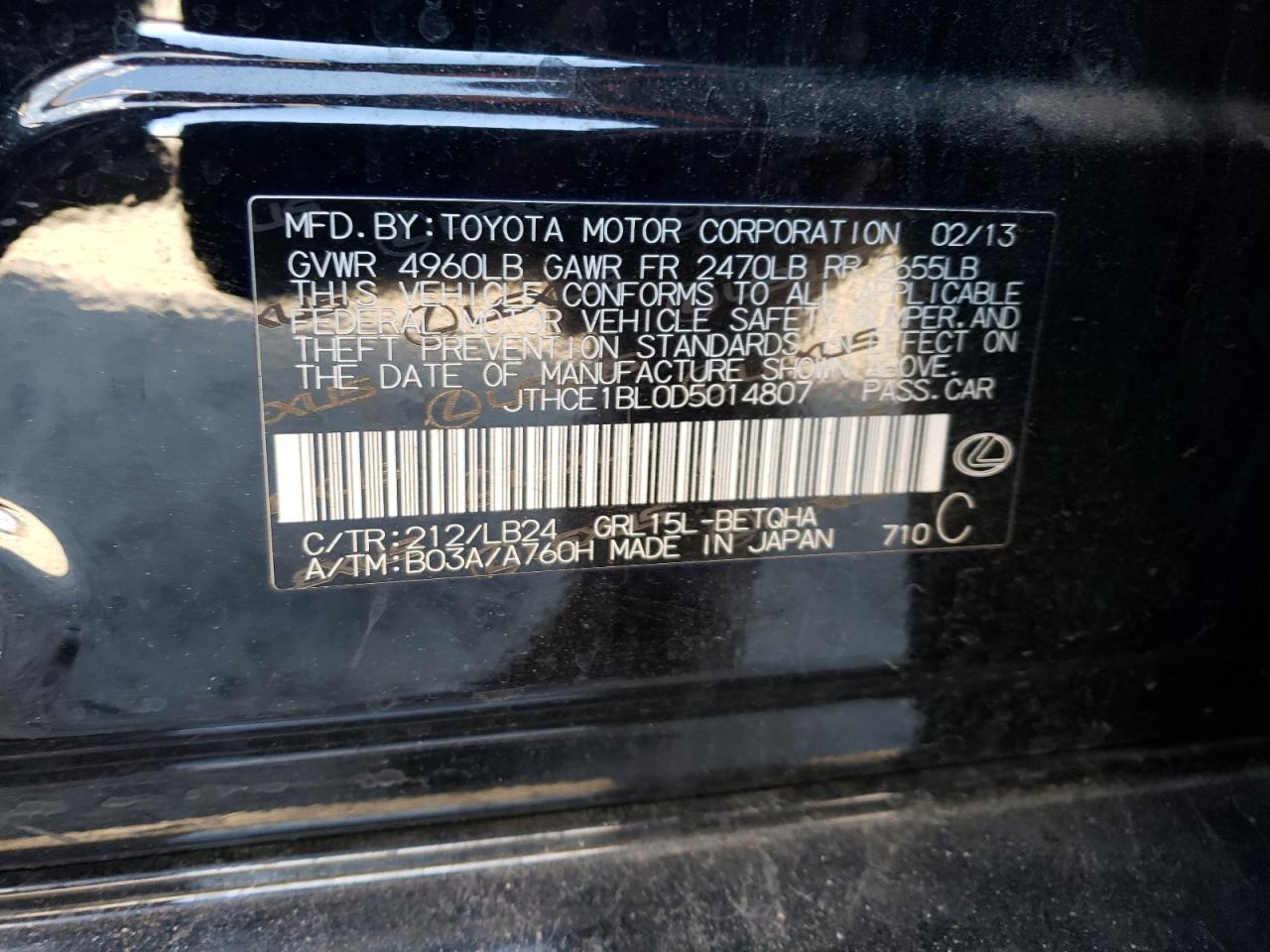 Photo 10 from auction – 2013 LEXUS GS 350 with VIN JTHCE1BL0D5014807