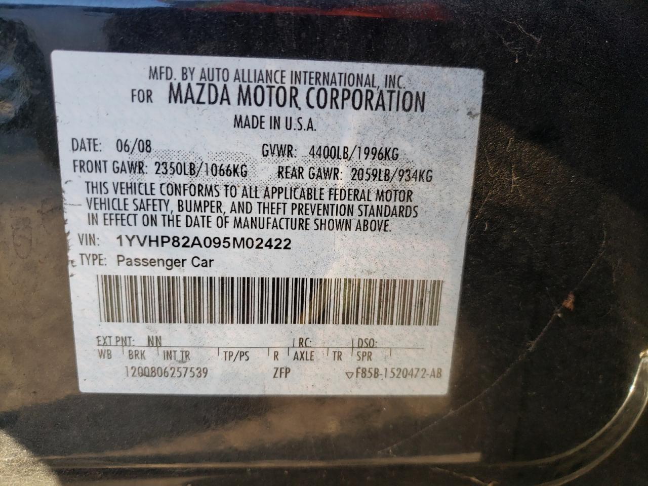 Photo 10 from auction – 2009 MAZDA 6 I with VIN 1YVHP82A095M02422