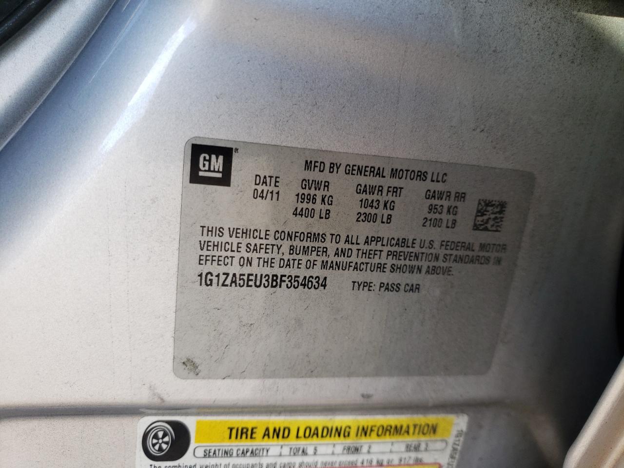Photo 10 from auction – 2011 CHEVROLET MALIBU LS with VIN 1G1ZA5EU3BF354634