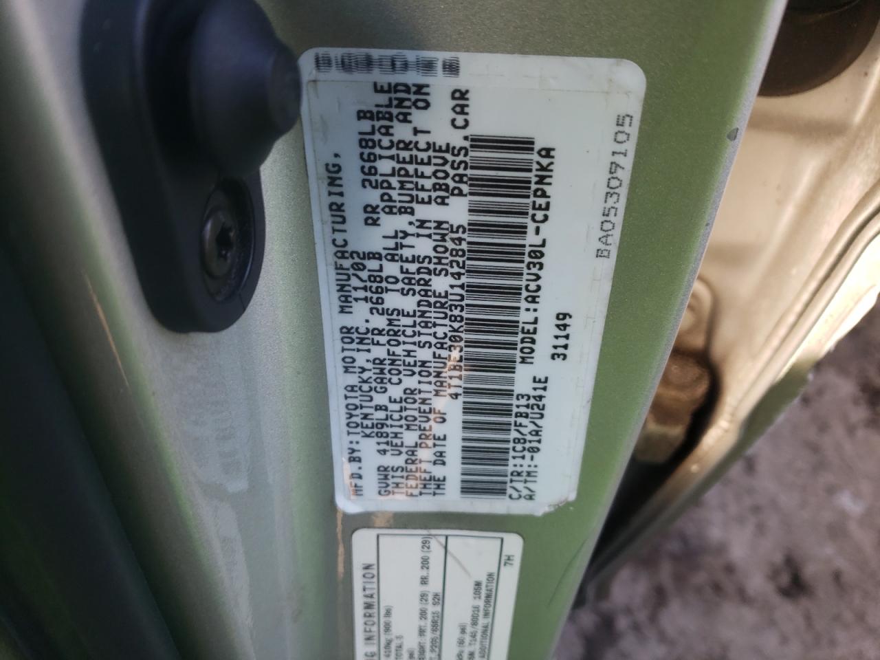 Photo 10 from auction – 2003 TOYOTA CAMRY LE with VIN 4T1BE30K83U142845
