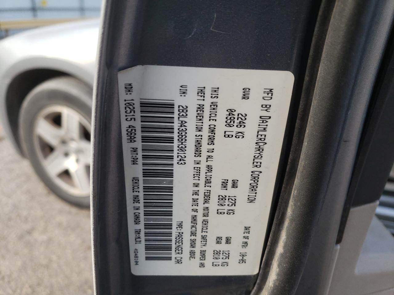 Photo 10 from auction – 2006 DODGE CHARGER SE with VIN 2B3LA43G66H301243