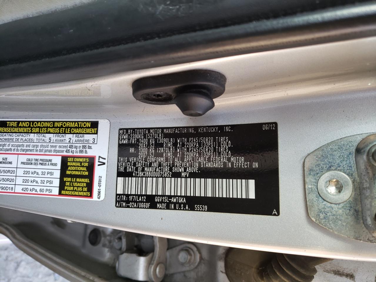 Photo 10 from auction – 2013 TOYOTA VENZA LE with VIN 4T3BK3BB0DU075852
