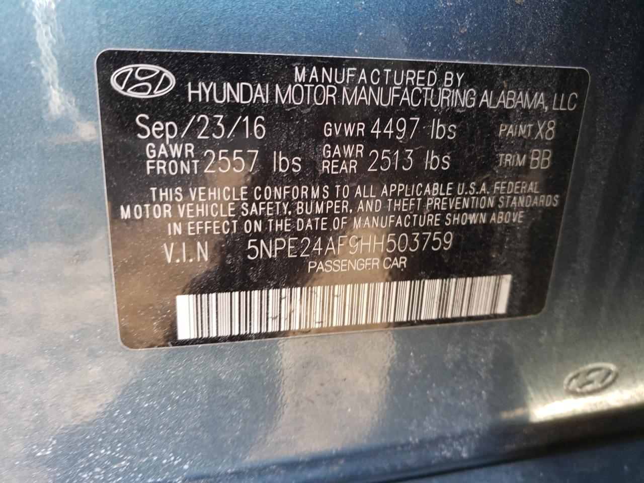 Photo 10 from auction – 2017 HYUNDAI SONATA SE with VIN 5NPE24AF9HH503759