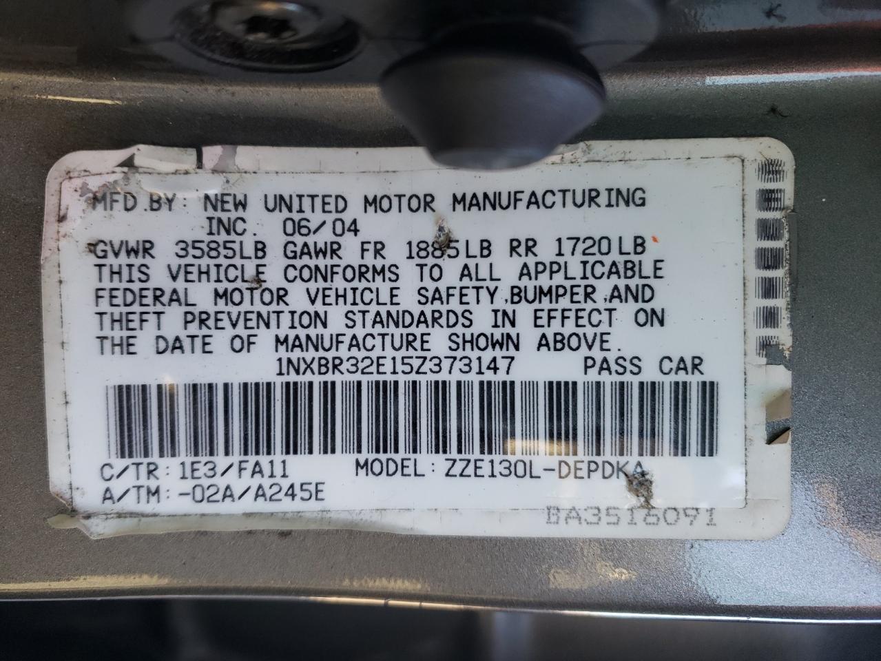 Photo 10 from auction – 2005 TOYOTA COROLLA CE with VIN 1NXBR32E15Z373147