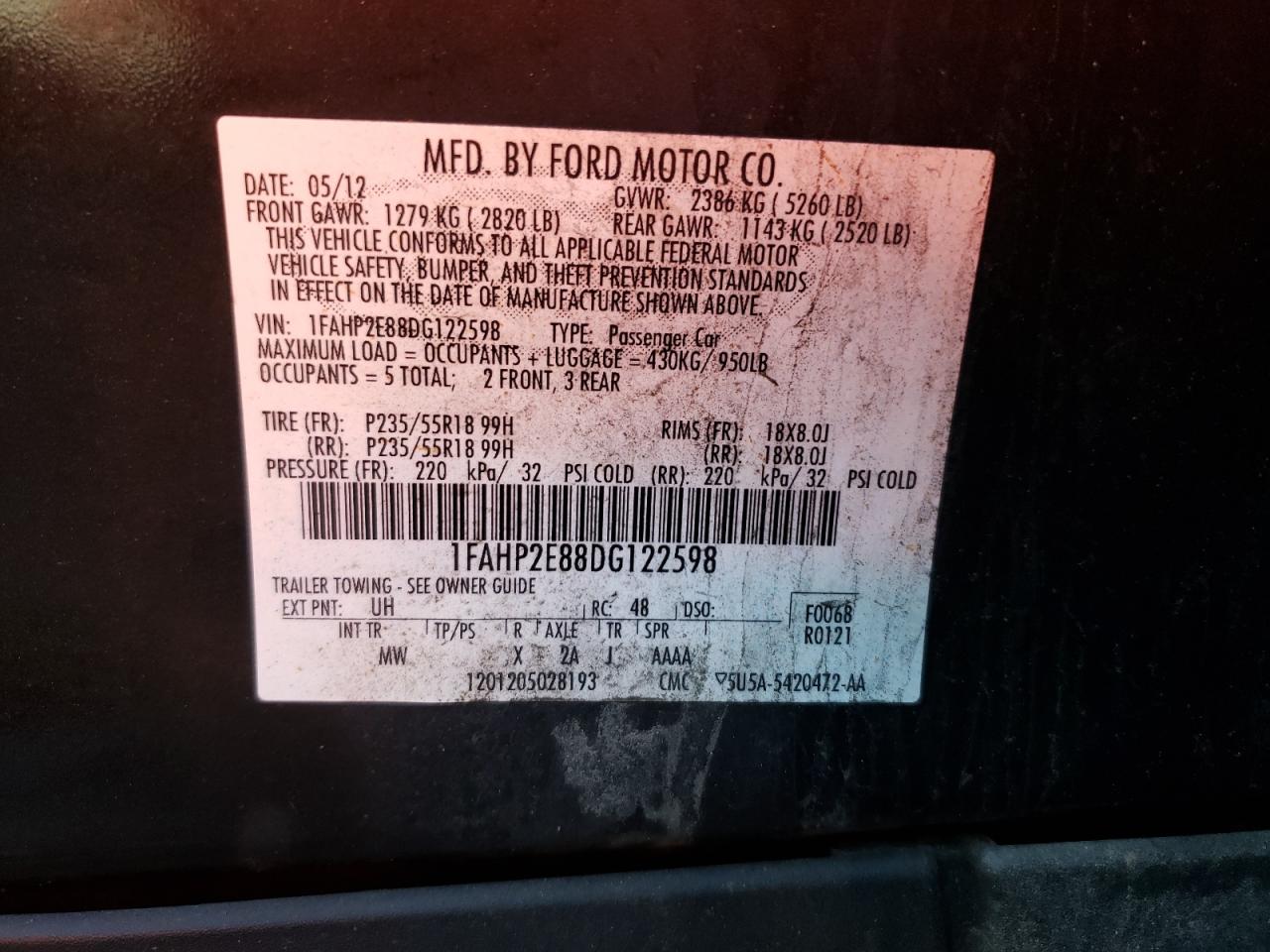Photo 10 from auction – 2013 FORD TAURUS SEL with VIN 1FAHP2E88DG122598