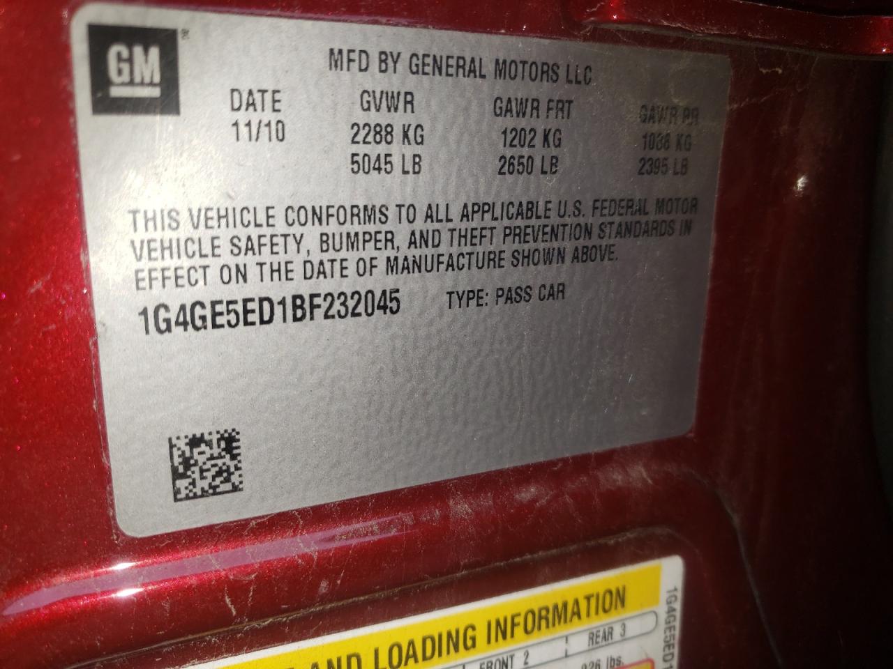 Photo 10 from auction – 2011 BUICK LACROSSE C with VIN 1G4GE5ED1BF232045