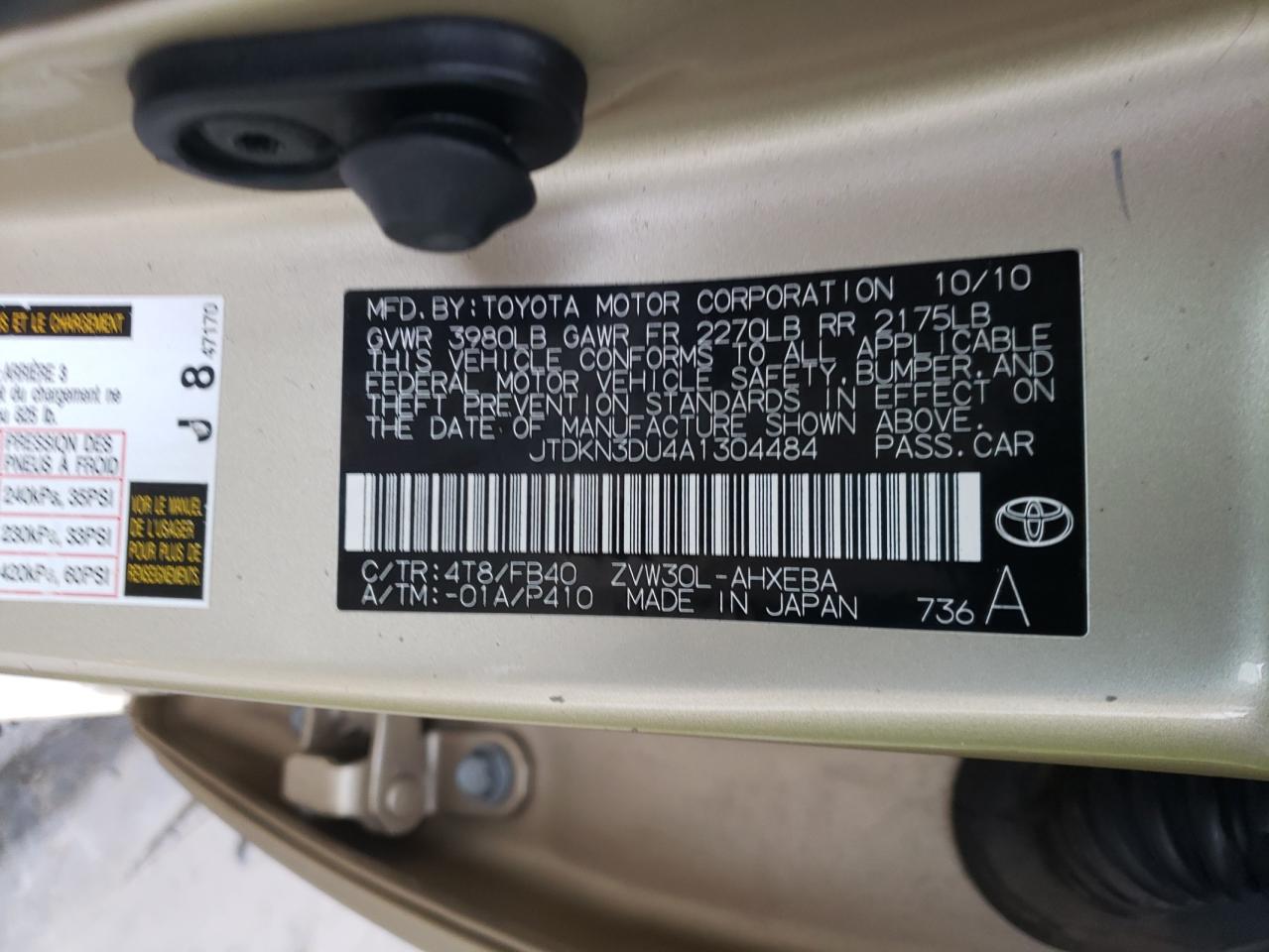 Photo 10 from auction – 2010 TOYOTA PRIUS with VIN JTDKN3DU4A1304484