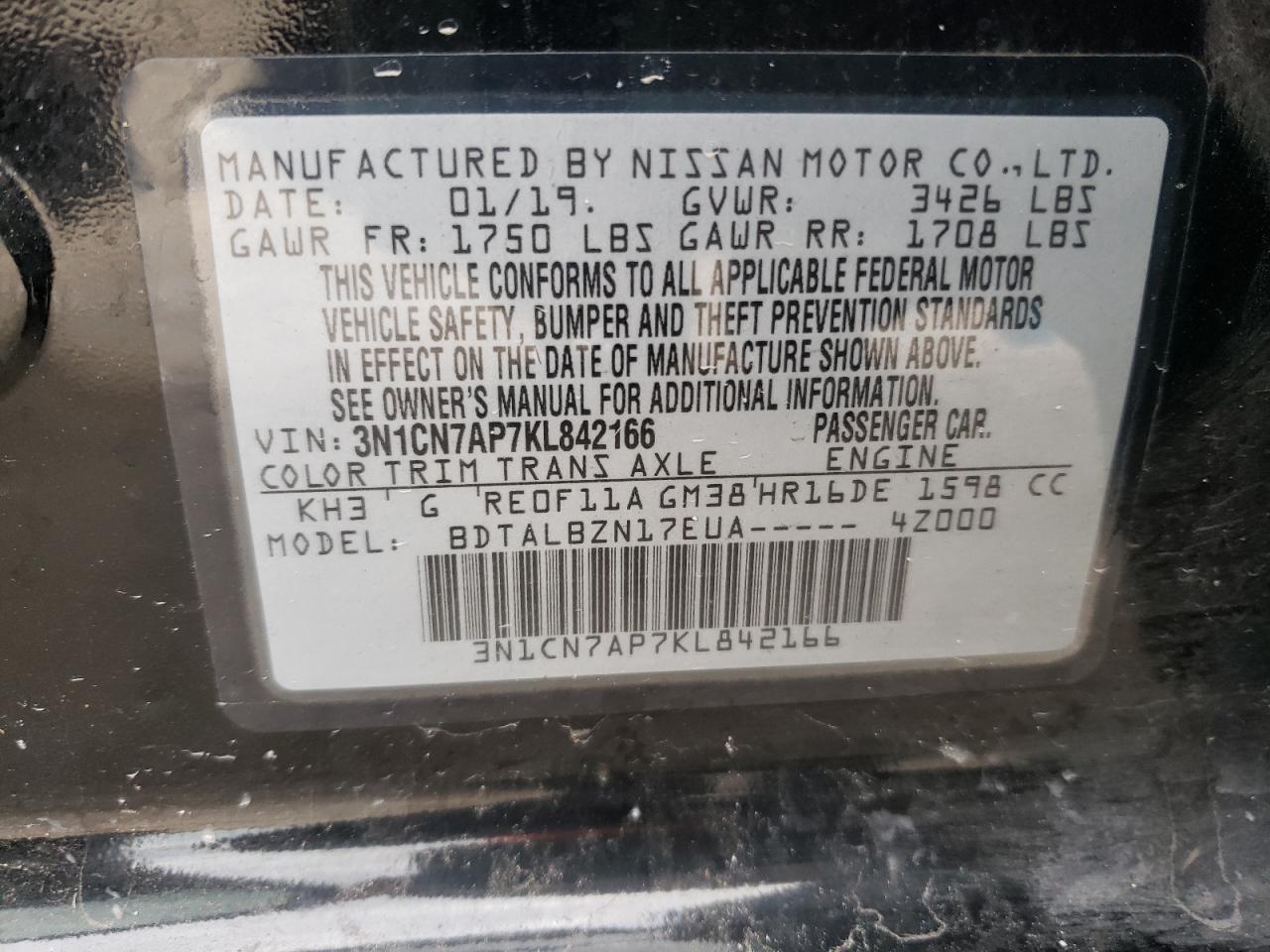 Photo 10 from auction – 2019 NISSAN VERSA S with VIN 3N1CN7AP7KL842166
