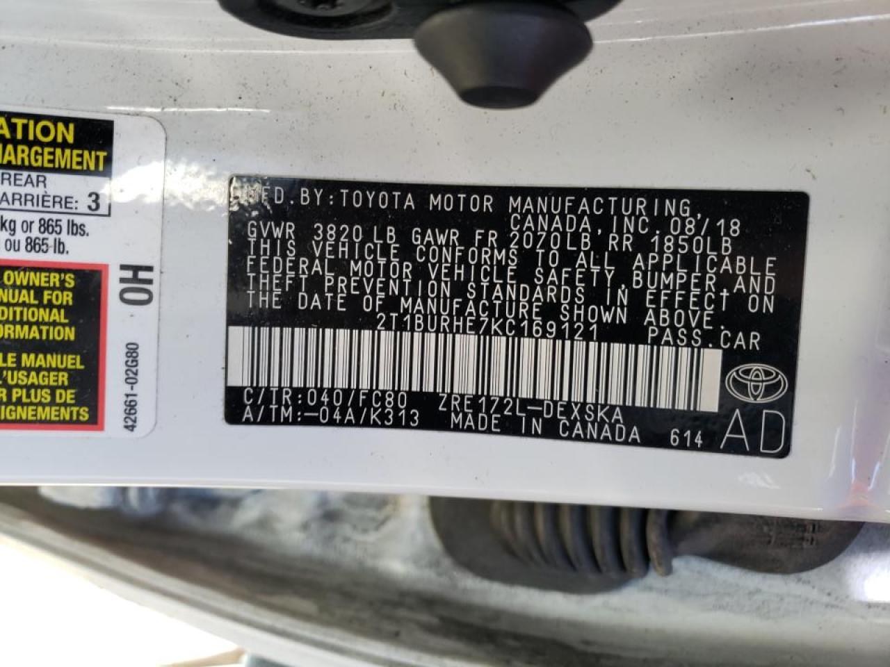 Photo 10 from auction – 2019 TOYOTA COROLLA L with VIN 2T1BURHE7KC169121